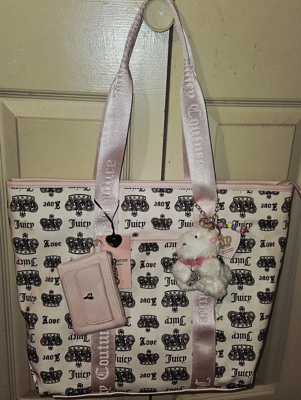Juicy Couture Light Pink & Cream Large Festival Tote Featuring Plush Bear Charm